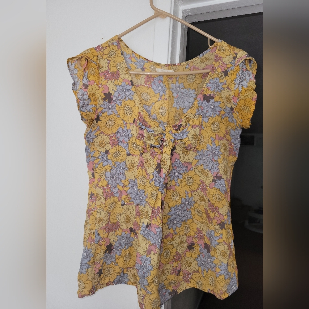 Tulle Yellow Ruffled Tie Front Blouse